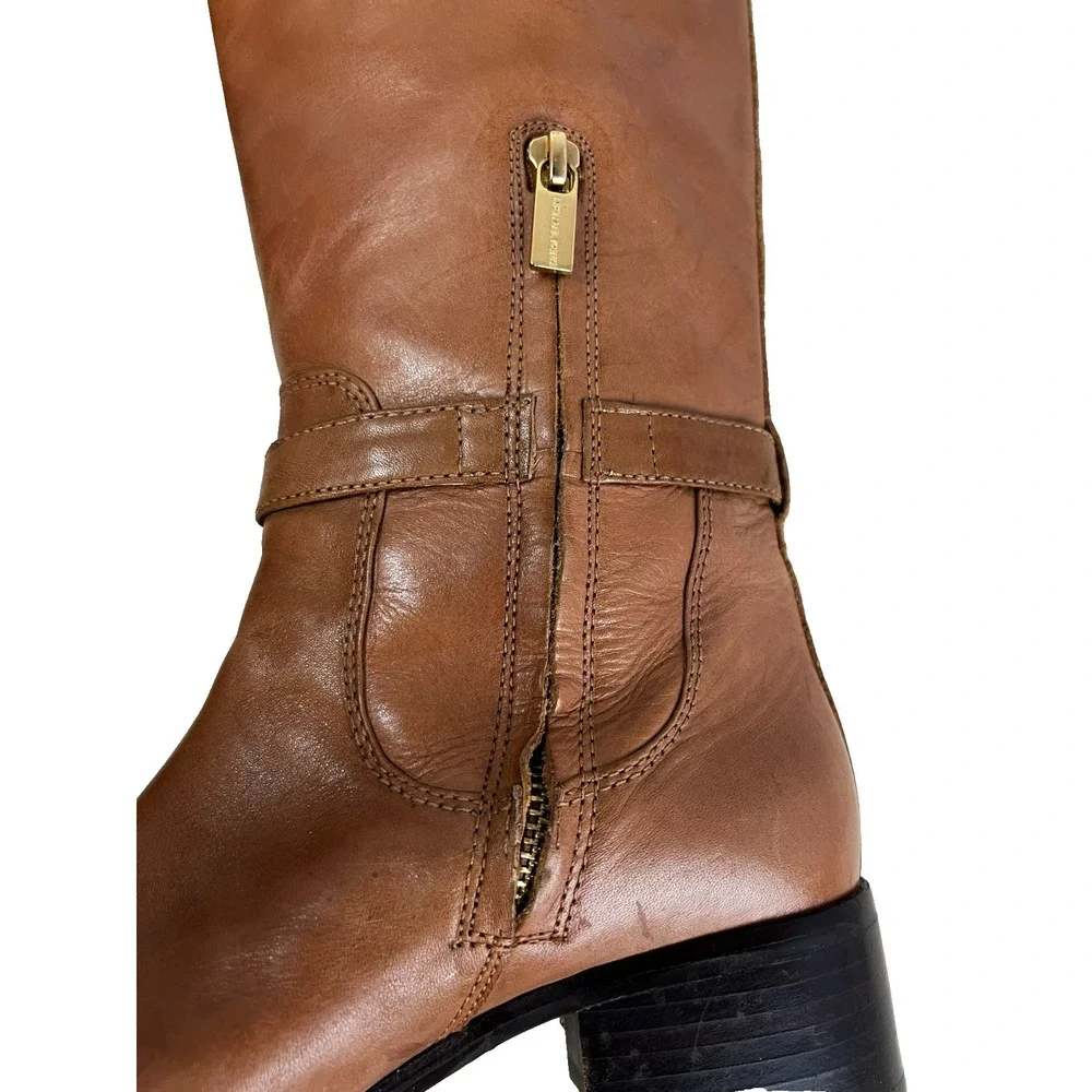 Michael Kors Hamilton Tall riding Boots Caramel Leather Padlock Logo 1/4 Zip, 8